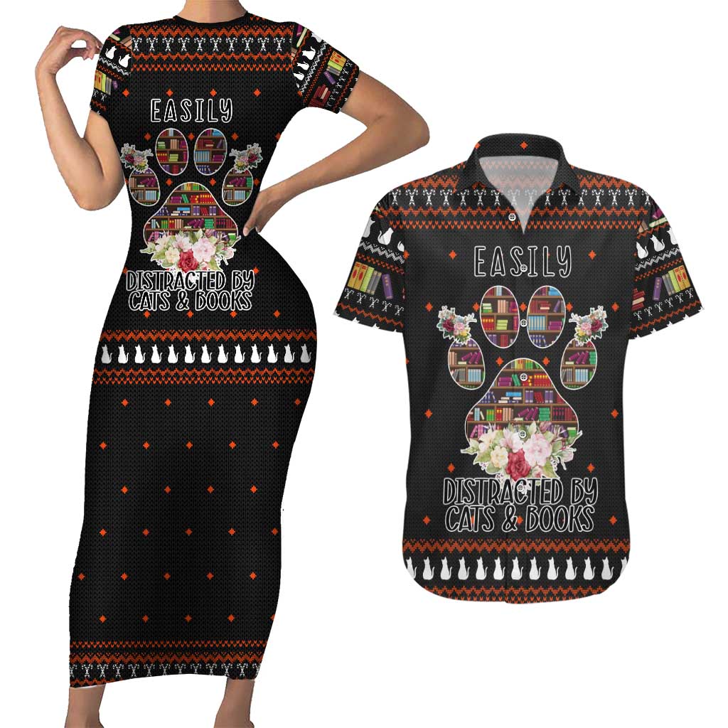 Cat And Books Christmas Couples Matching Short Sleeve Bodycon Dress and Hawaiian Shirt Xmas Holiday Patterns - Wonder Print Shop