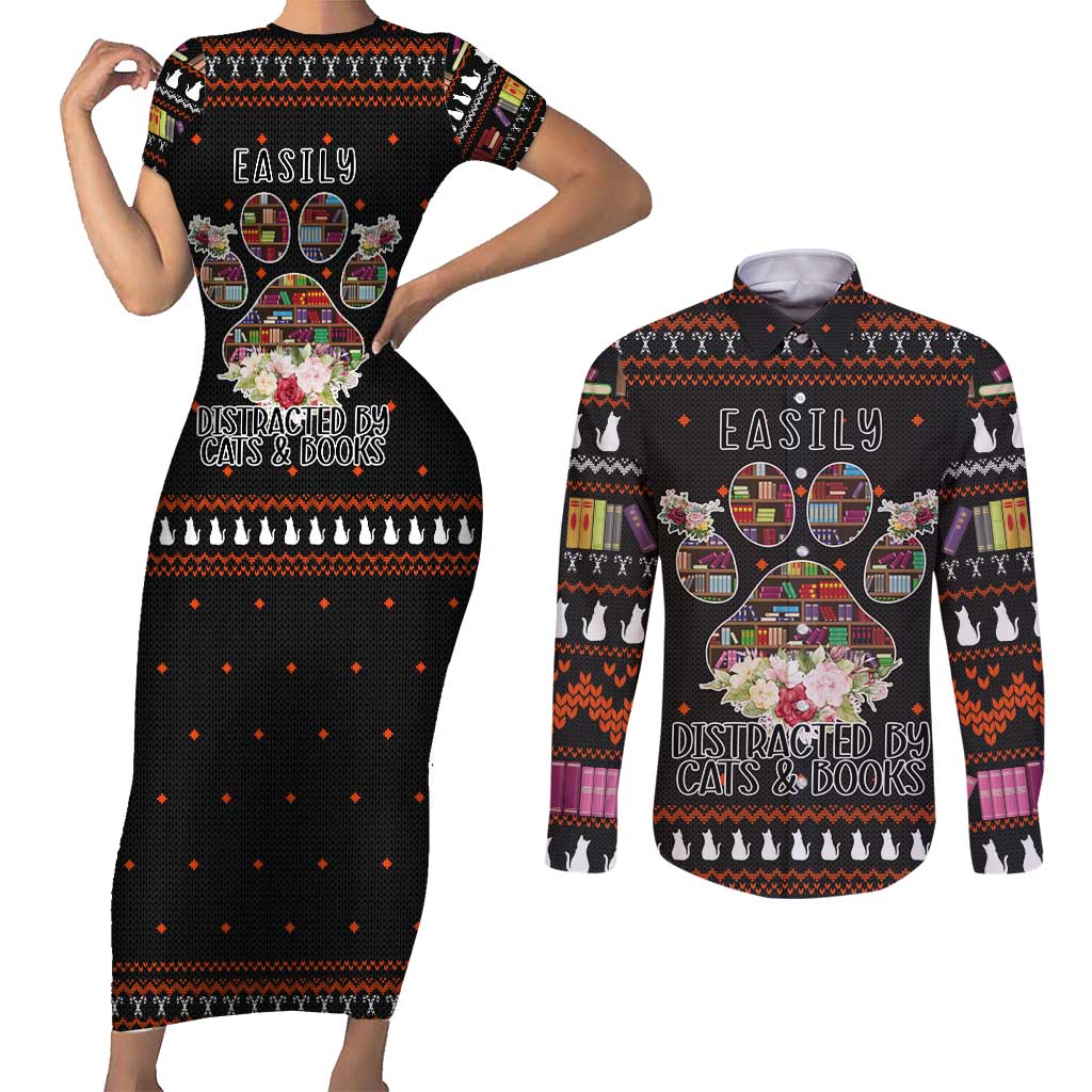 Cat And Books Christmas Couples Matching Short Sleeve Bodycon Dress and Long Sleeve Button Shirt Xmas Holiday Patterns - Wonder Print Shop