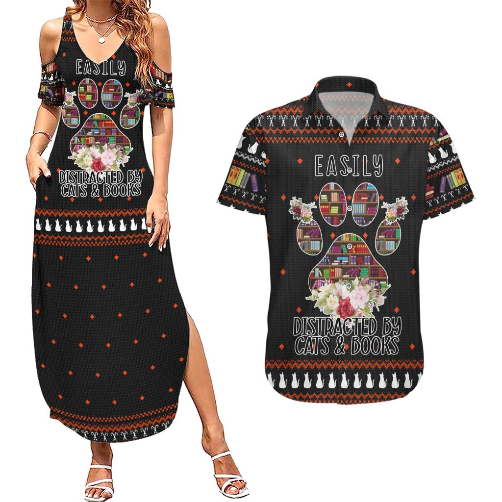 Cat And Books Christmas Couples Matching Summer Maxi Dress and Hawaiian Shirt Xmas Holiday Patterns - Wonder Print Shop