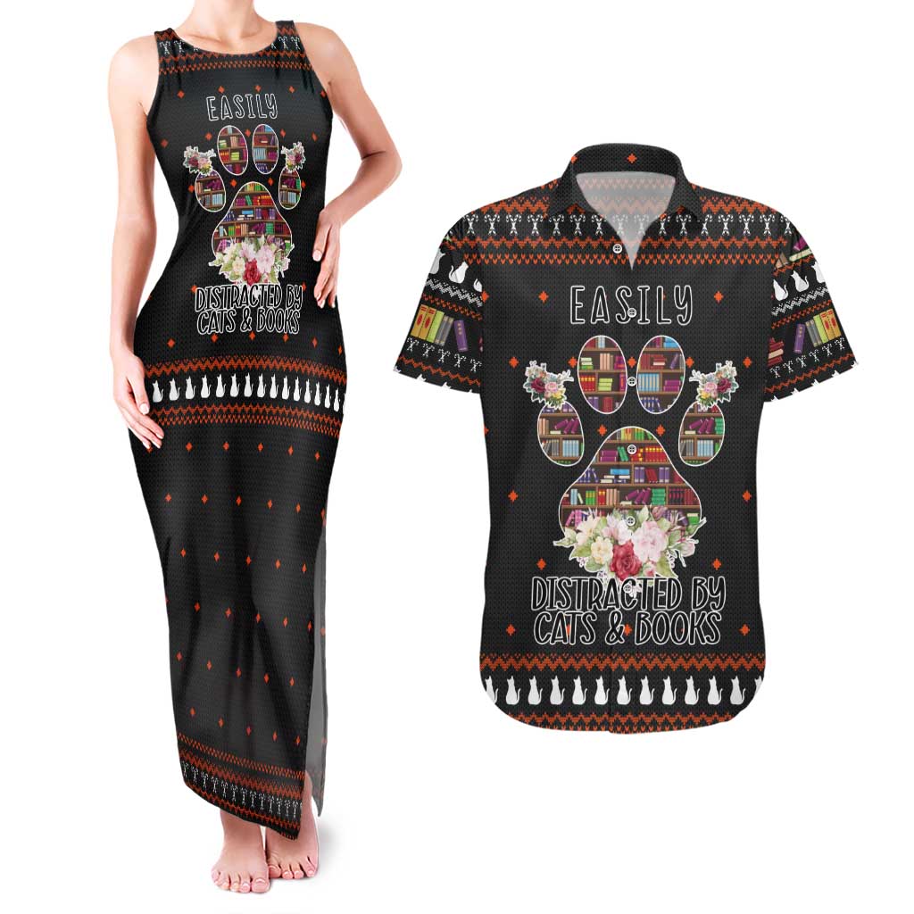 Cat And Books Christmas Couples Matching Tank Maxi Dress and Hawaiian Shirt Xmas Holiday Patterns - Wonder Print Shop