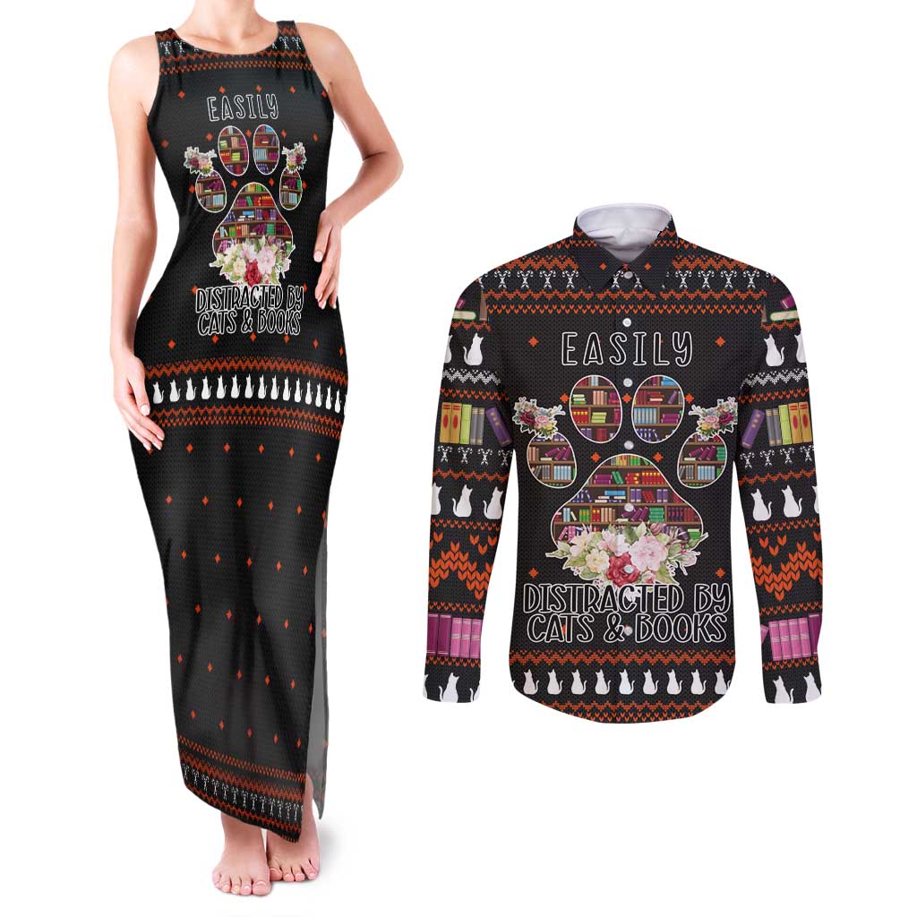 Cat And Books Christmas Couples Matching Tank Maxi Dress and Long Sleeve Button Shirt Xmas Holiday Patterns - Wonder Print Shop