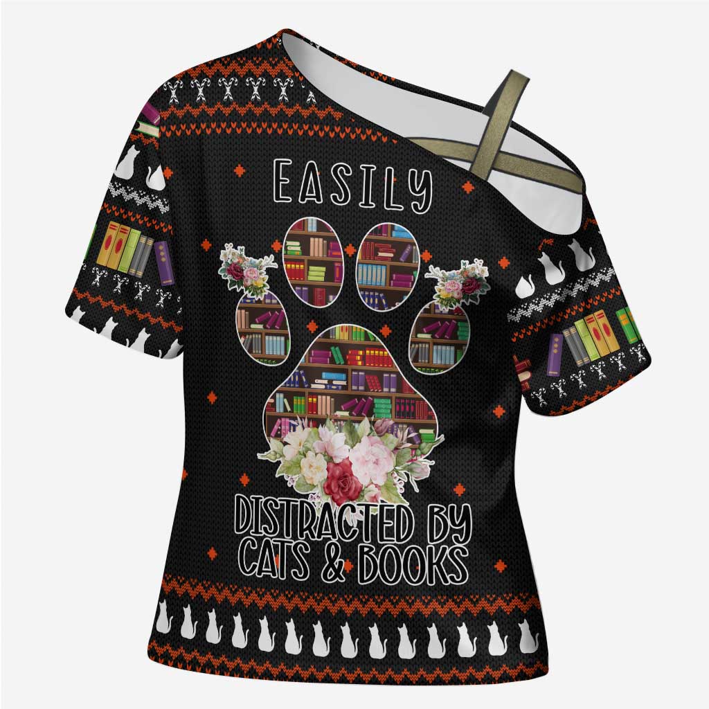 Cat And Books Christmas Cross Shoulder Shirt Xmas Holiday Patterns - Wonder Print Shop