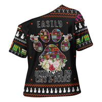 Cat And Books Christmas Cross Shoulder Shirt Xmas Holiday Patterns - Wonder Print Shop