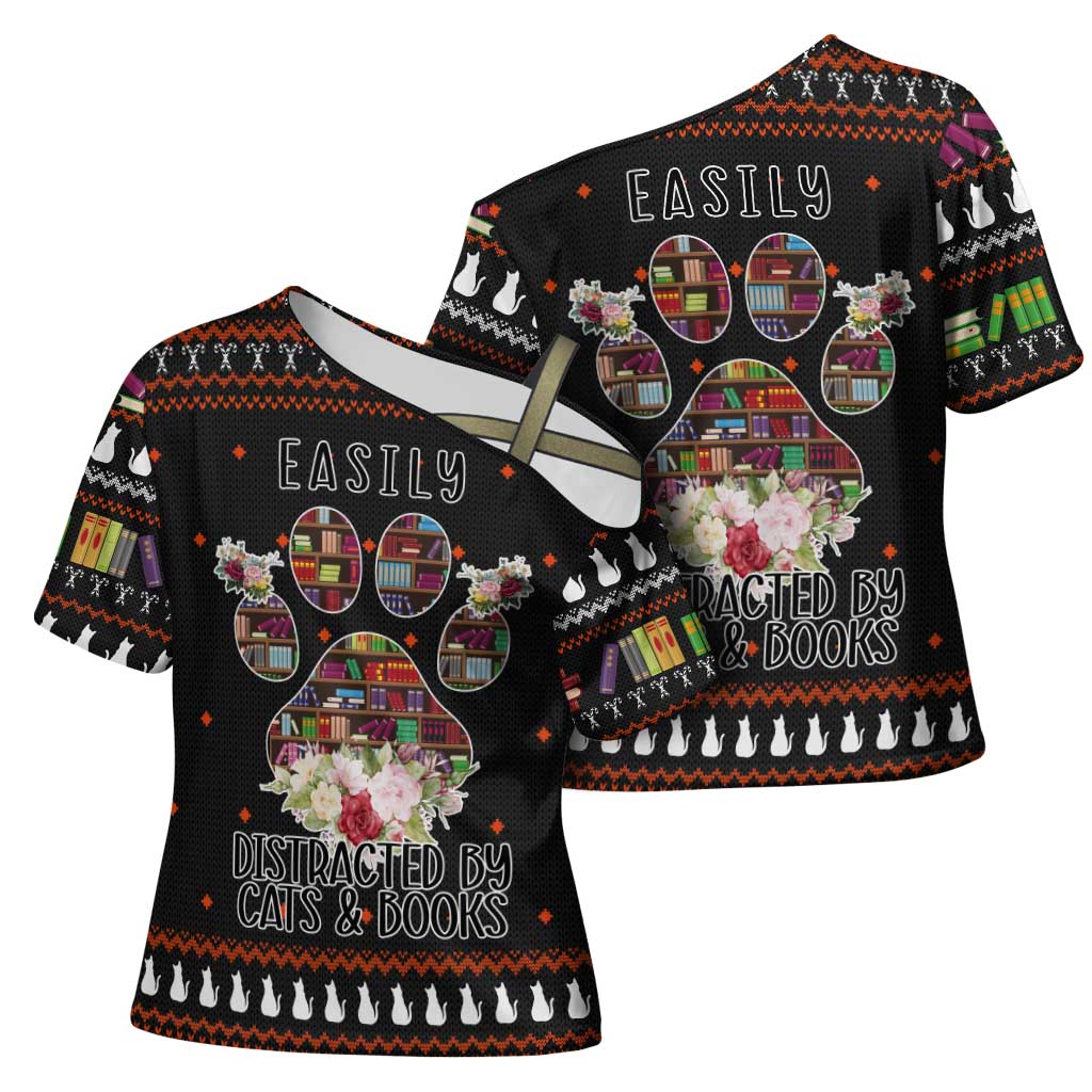 Cat And Books Christmas Cross Shoulder Shirt Xmas Holiday Patterns - Wonder Print Shop