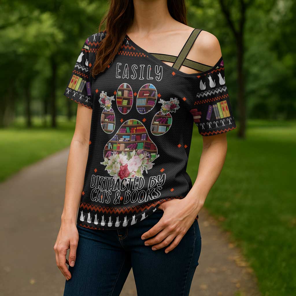 Cat And Books Christmas Cross Shoulder Shirt Xmas Holiday Patterns - Wonder Print Shop