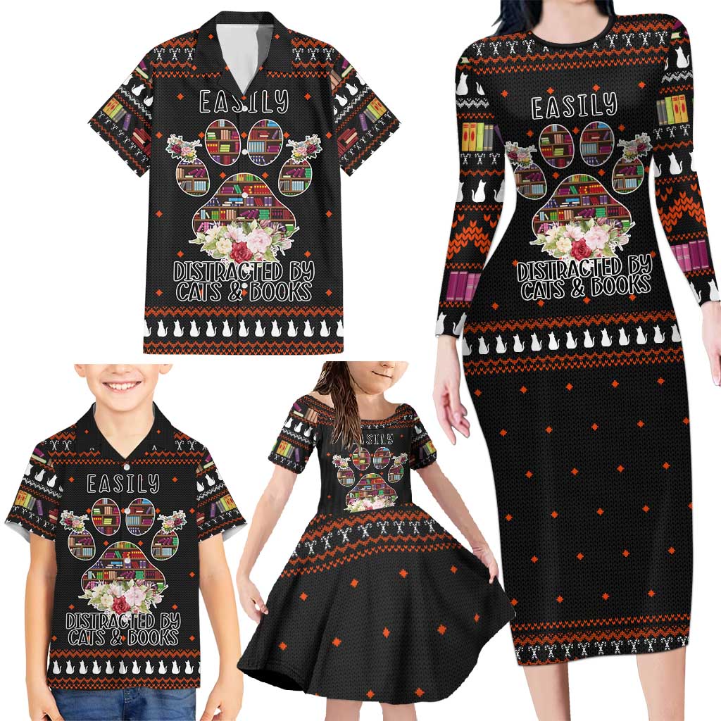 Cat And Books Christmas Family Matching Long Sleeve Bodycon Dress and Hawaiian Shirt Xmas Holiday Patterns - Wonder Print Shop