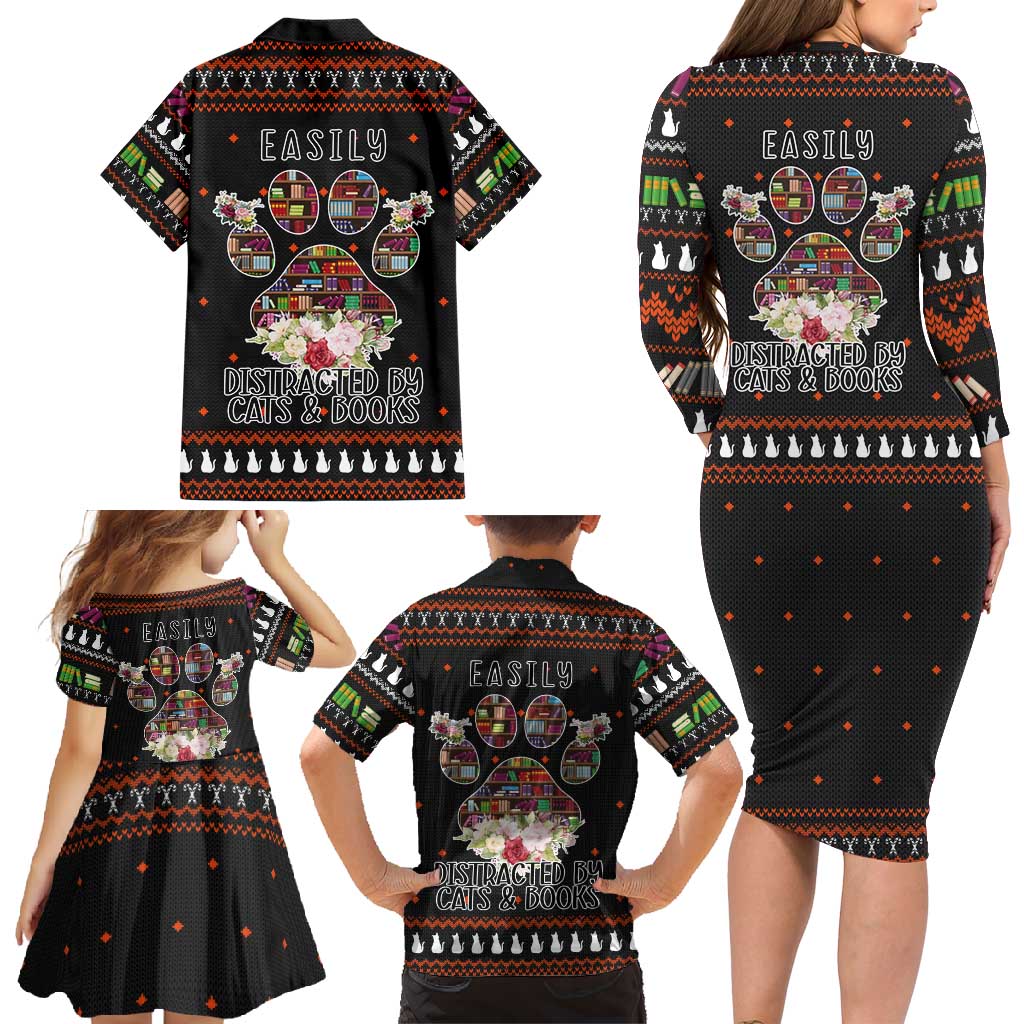 Cat And Books Christmas Family Matching Long Sleeve Bodycon Dress and Hawaiian Shirt Xmas Holiday Patterns - Wonder Print Shop