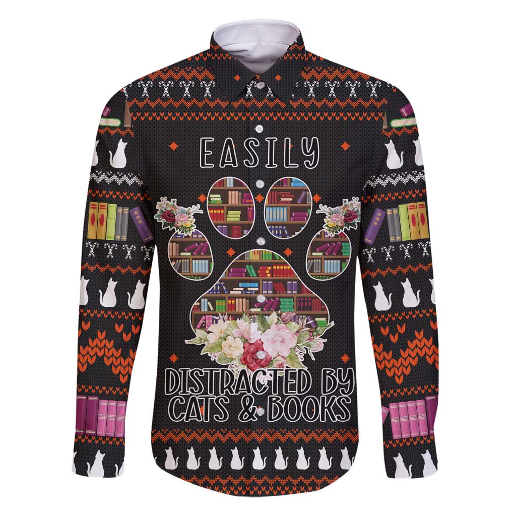 Cat And Books Christmas Family Matching Long Sleeve Bodycon Dress and Hawaiian Shirt Xmas Holiday Patterns - Wonder Print Shop