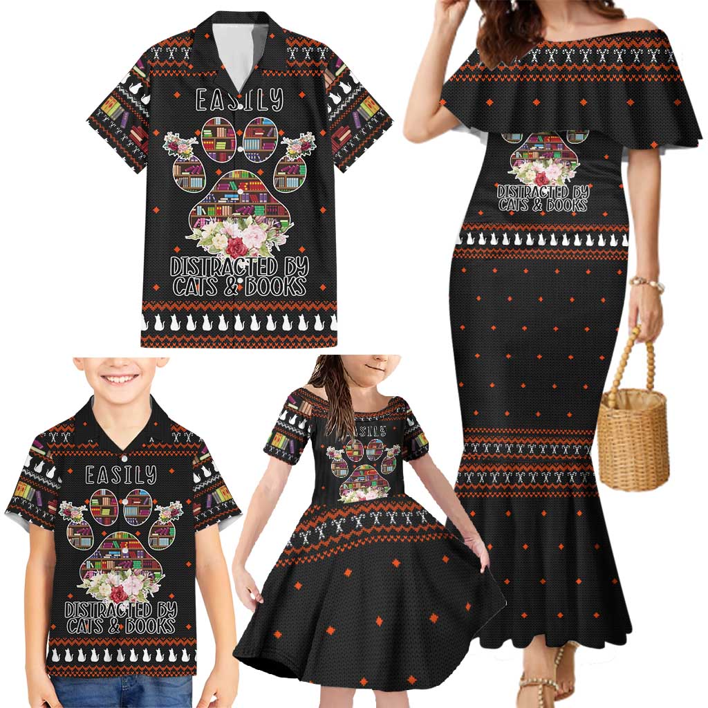 Cat And Books Christmas Family Matching Mermaid Dress and Hawaiian Shirt Xmas Holiday Patterns - Wonder Print Shop