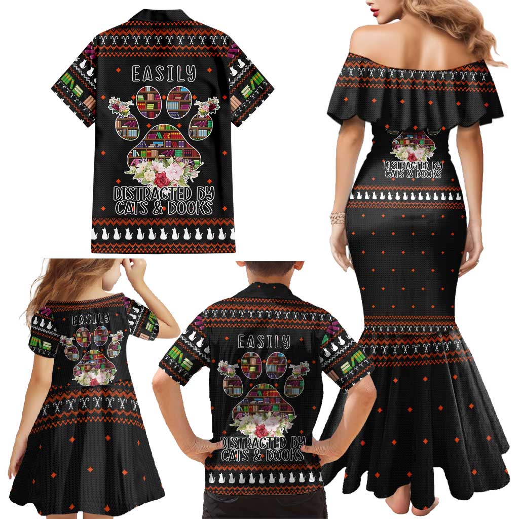 Cat And Books Christmas Family Matching Mermaid Dress and Hawaiian Shirt Xmas Holiday Patterns - Wonder Print Shop