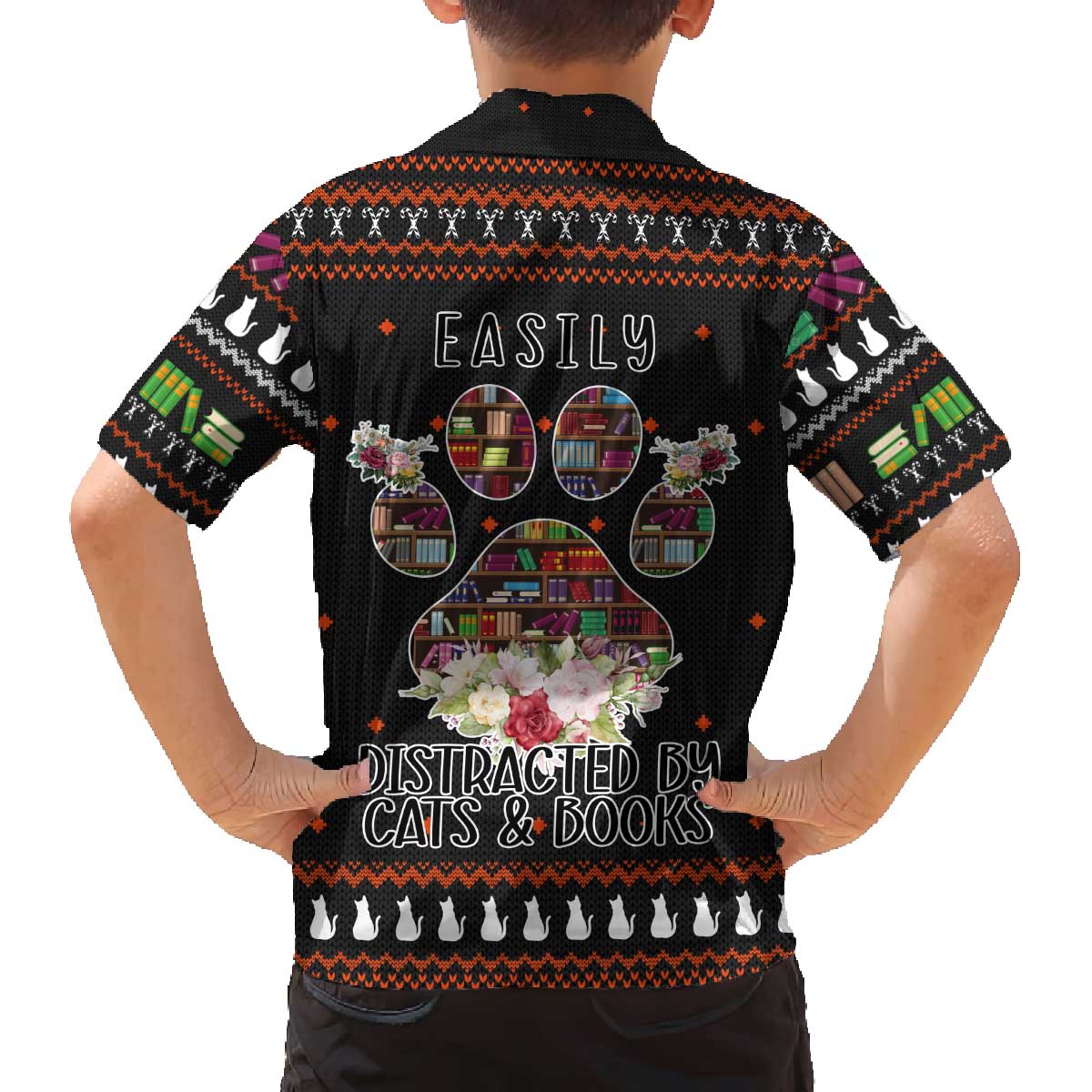 Cat And Books Christmas Family Matching Off The Shoulder Long Sleeve Dress and Hawaiian Shirt Xmas Holiday Patterns - Wonder Print Shop