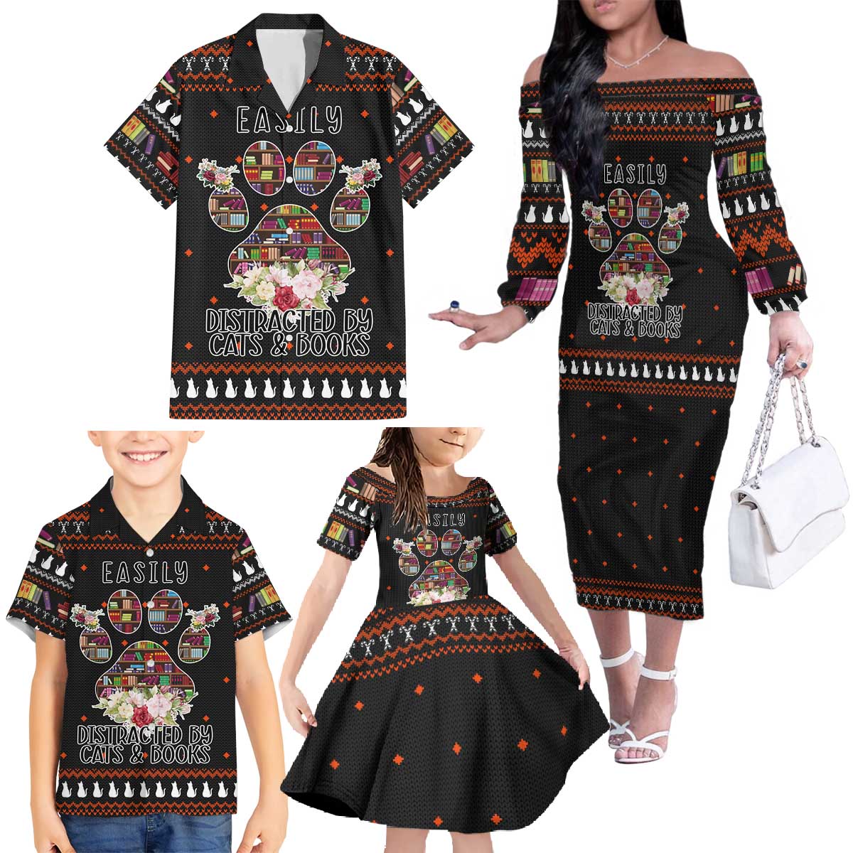 Cat And Books Christmas Family Matching Off The Shoulder Long Sleeve Dress and Hawaiian Shirt Xmas Holiday Patterns - Wonder Print Shop