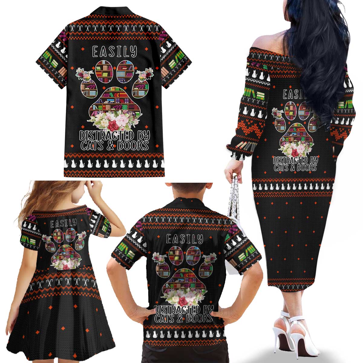 Cat And Books Christmas Family Matching Off The Shoulder Long Sleeve Dress and Hawaiian Shirt Xmas Holiday Patterns - Wonder Print Shop