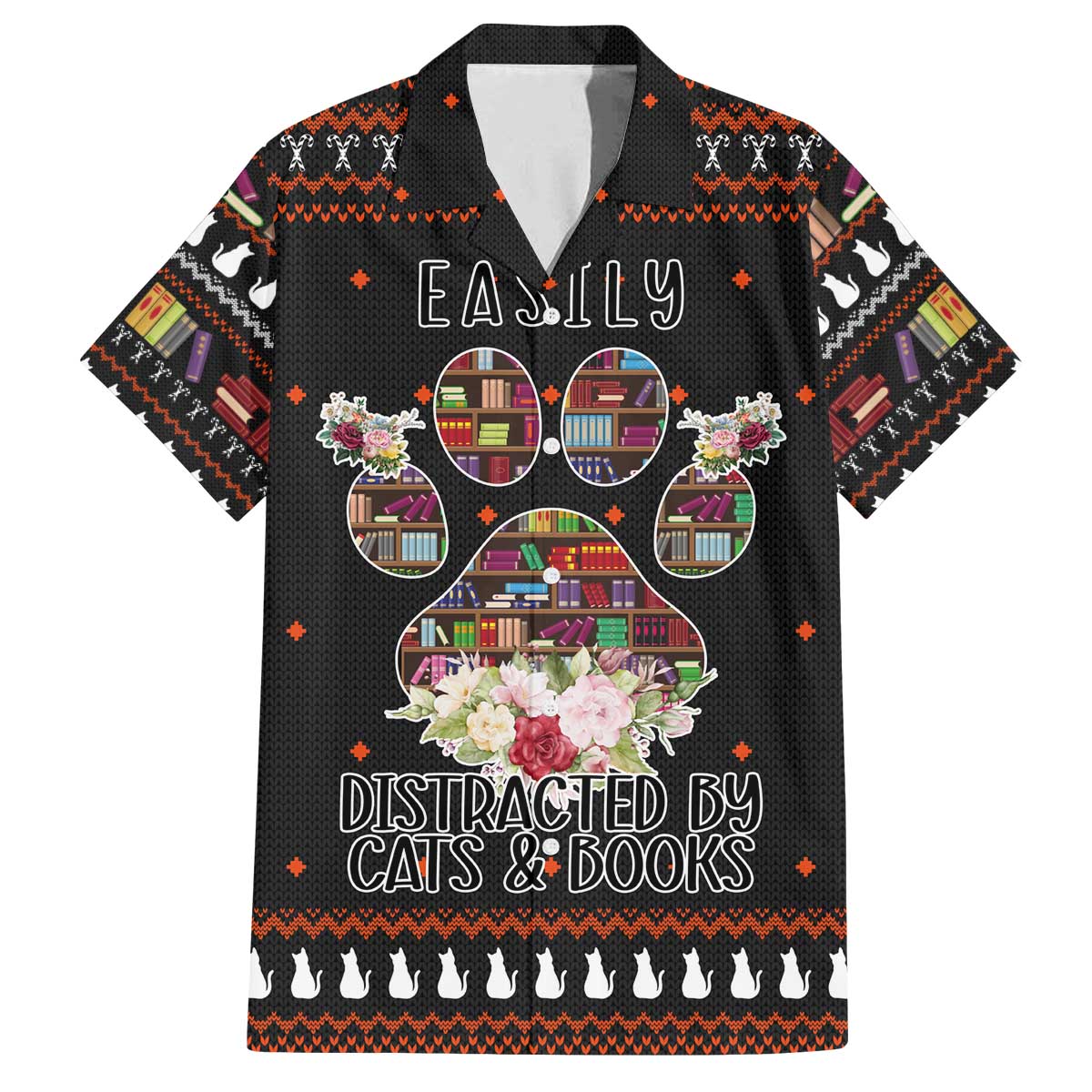 Cat And Books Christmas Family Matching Off The Shoulder Long Sleeve Dress and Hawaiian Shirt Xmas Holiday Patterns - Wonder Print Shop
