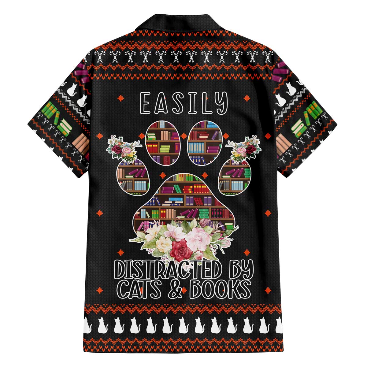 Cat And Books Christmas Family Matching Off The Shoulder Long Sleeve Dress and Hawaiian Shirt Xmas Holiday Patterns - Wonder Print Shop