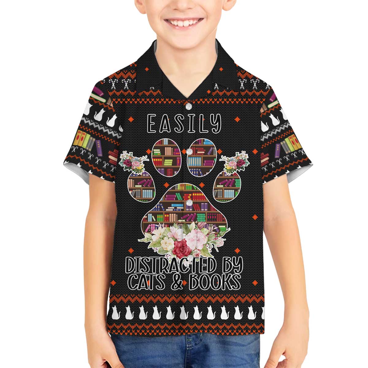 Cat And Books Christmas Family Matching Off The Shoulder Long Sleeve Dress and Hawaiian Shirt Xmas Holiday Patterns - Wonder Print Shop
