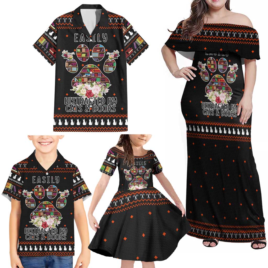 Cat And Books Christmas Family Matching Off Shoulder Maxi Dress and Hawaiian Shirt Xmas Holiday Patterns - Wonder Print Shop