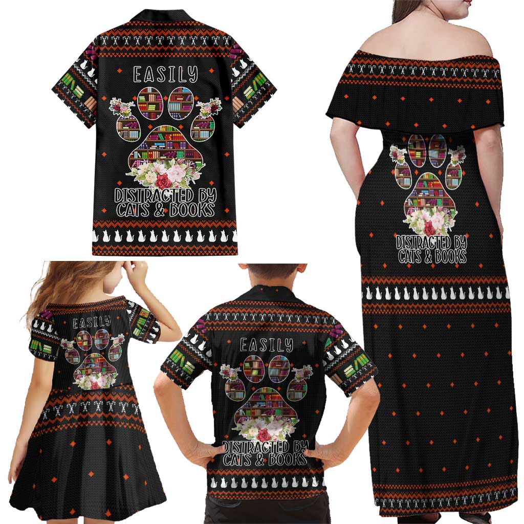 Cat And Books Christmas Family Matching Off Shoulder Maxi Dress and Hawaiian Shirt Xmas Holiday Patterns - Wonder Print Shop