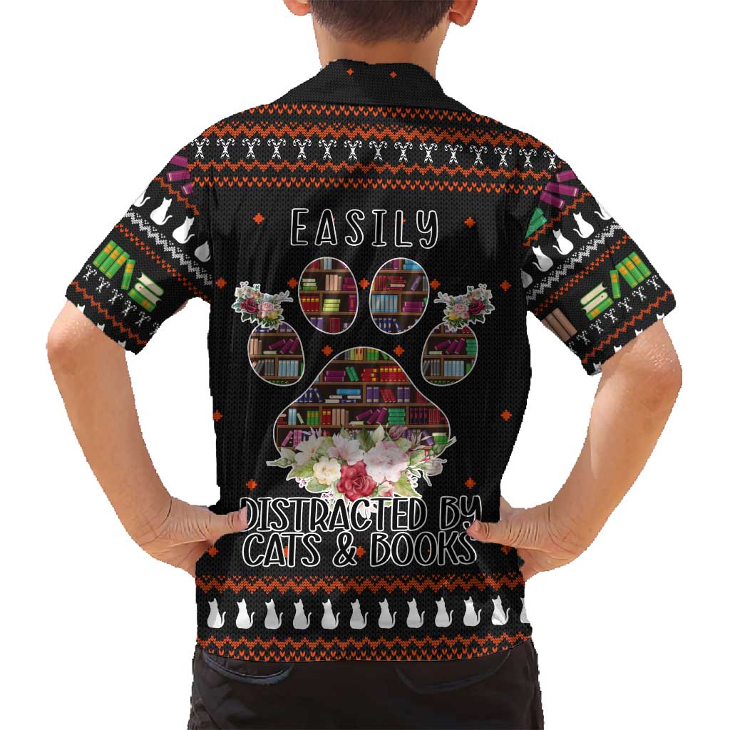 Cat And Books Christmas Family Matching Off Shoulder Short Dress and Hawaiian Shirt Xmas Holiday Patterns - Wonder Print Shop