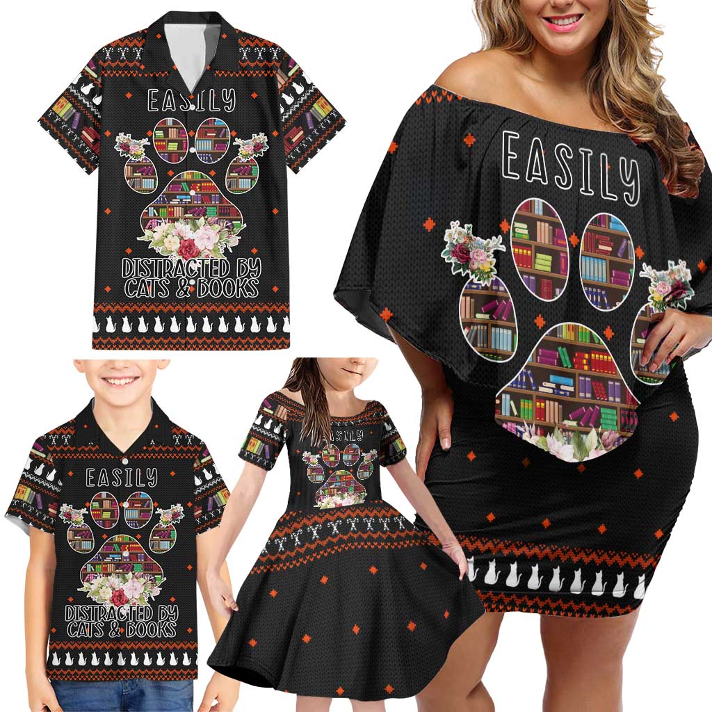 Cat And Books Christmas Family Matching Off Shoulder Short Dress and Hawaiian Shirt Xmas Holiday Patterns - Wonder Print Shop