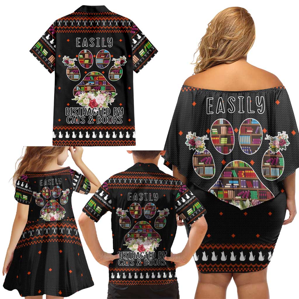 Cat And Books Christmas Family Matching Off Shoulder Short Dress and Hawaiian Shirt Xmas Holiday Patterns - Wonder Print Shop