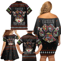 Cat And Books Christmas Family Matching Off Shoulder Short Dress and Hawaiian Shirt Xmas Holiday Patterns - Wonder Print Shop