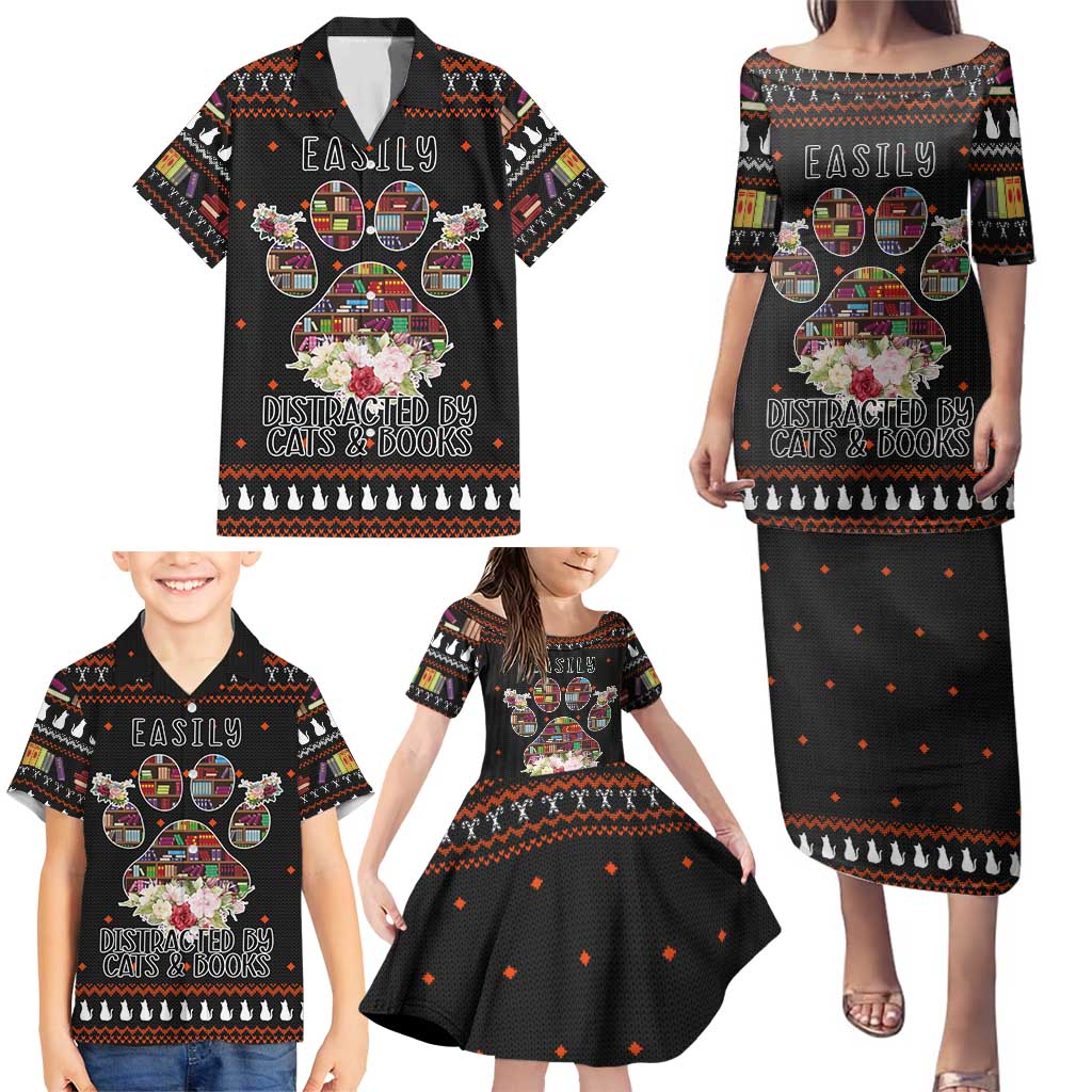 Cat And Books Christmas Family Matching Puletasi and Hawaiian Shirt Xmas Holiday Patterns - Wonder Print Shop