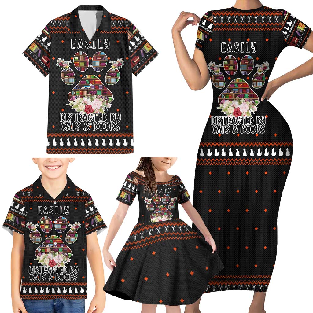 Cat And Books Christmas Family Matching Short Sleeve Bodycon Dress and Hawaiian Shirt Xmas Holiday Patterns - Wonder Print Shop