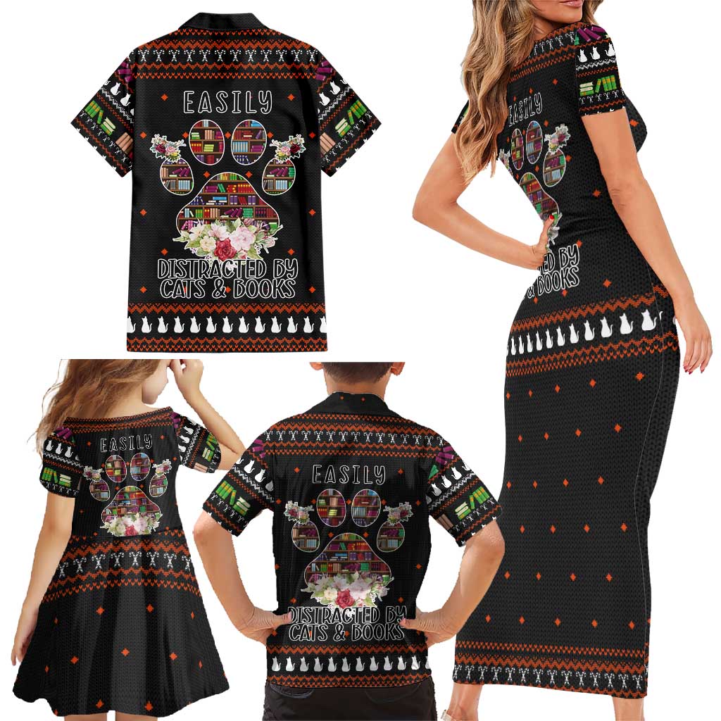 Cat And Books Christmas Family Matching Short Sleeve Bodycon Dress and Hawaiian Shirt Xmas Holiday Patterns - Wonder Print Shop