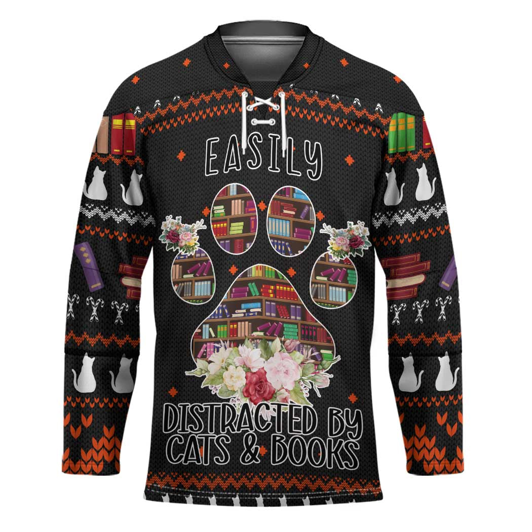 Cat And Books Christmas Hockey Jersey Xmas Holiday Patterns - Wonder Print Shop