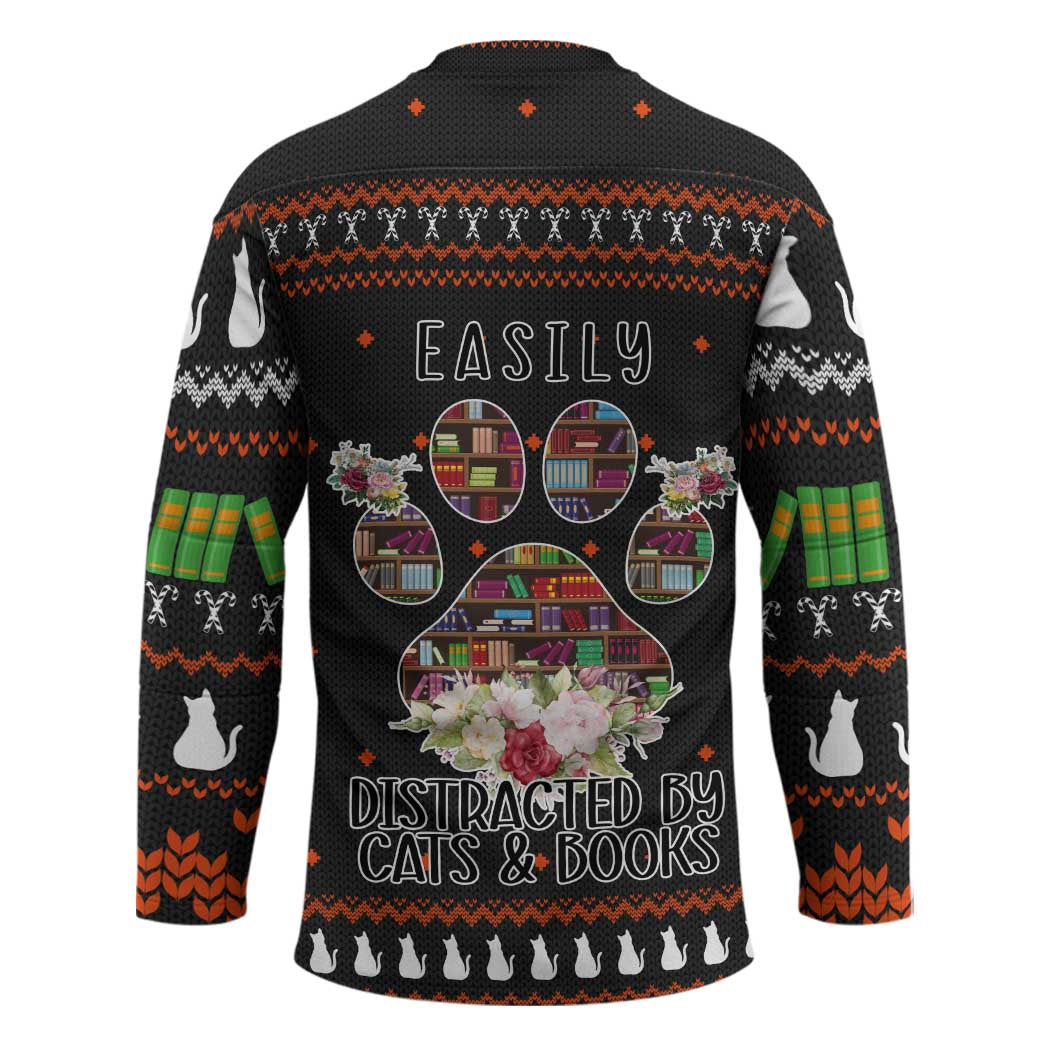 Cat And Books Christmas Hockey Jersey Xmas Holiday Patterns - Wonder Print Shop