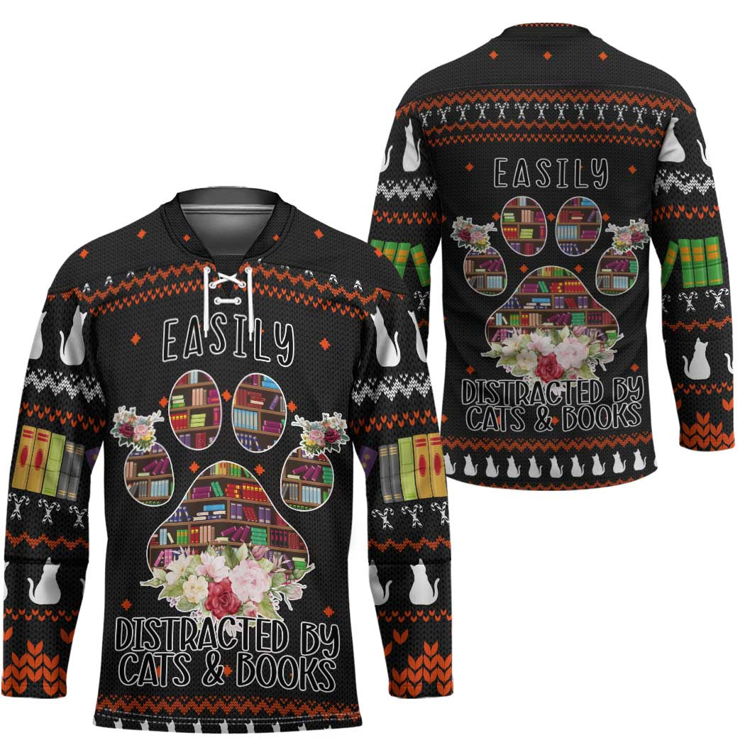 Cat And Books Christmas Hockey Jersey Xmas Holiday Patterns - Wonder Print Shop