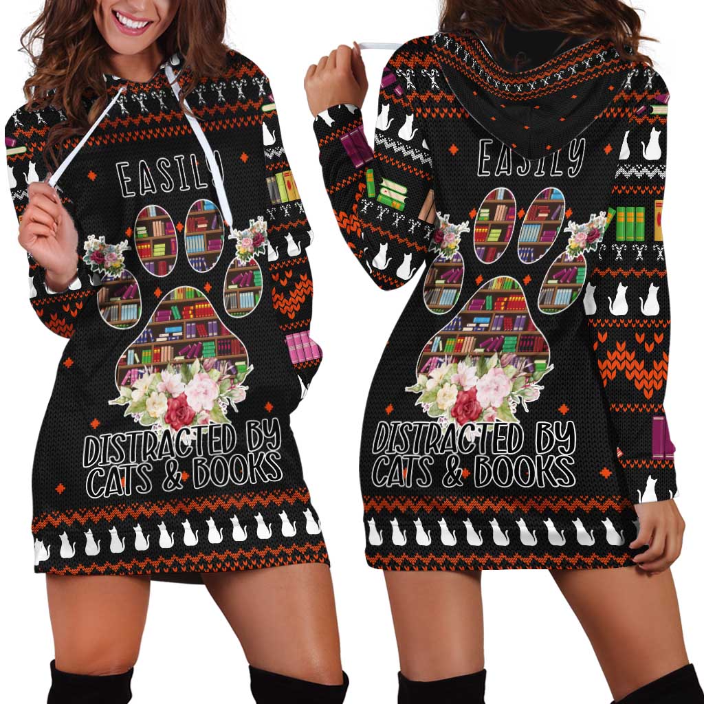 Cat And Books Christmas Hoodie Dress Xmas Holiday Patterns - Wonder Print Shop