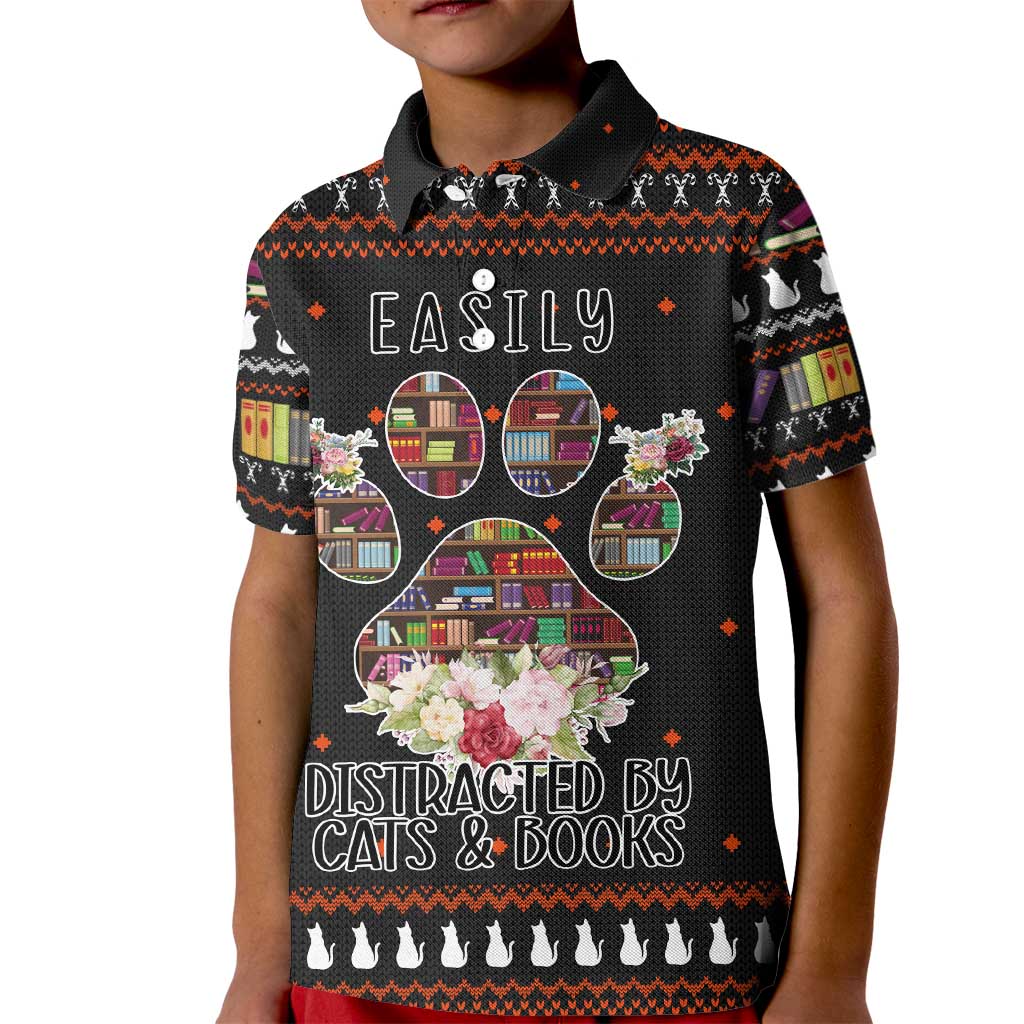 Cat And Books Christmas Kid Polo Shirt Xmas Holiday Patterns - Wonder Print Shop