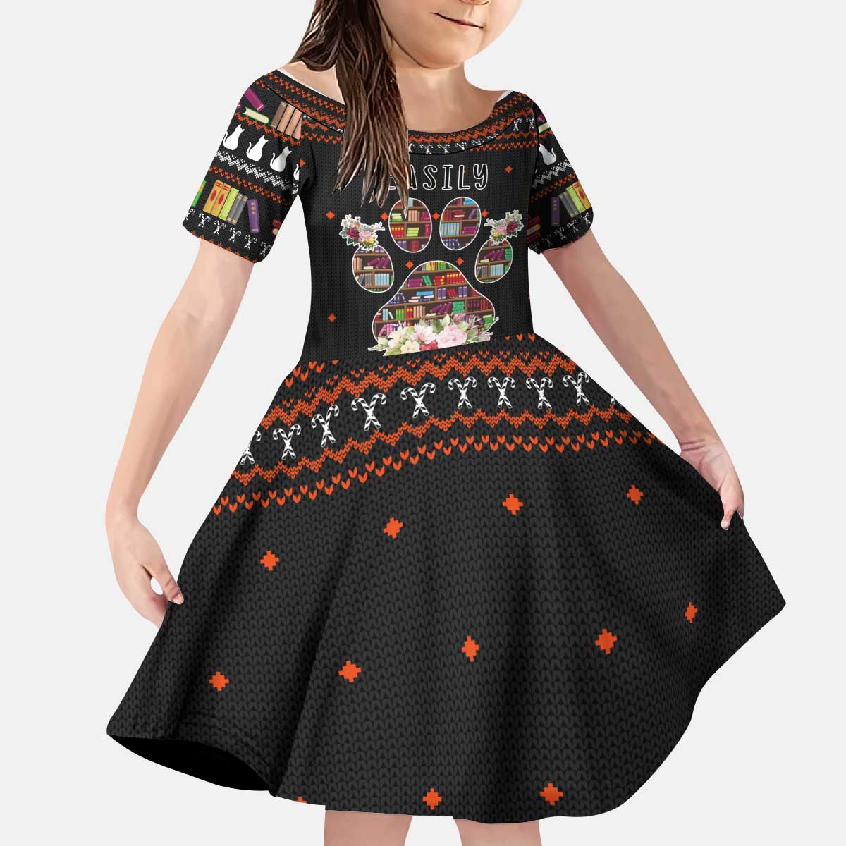 Cat And Books Christmas Kid Short Sleeve Dress Xmas Holiday Patterns - Wonder Print Shop