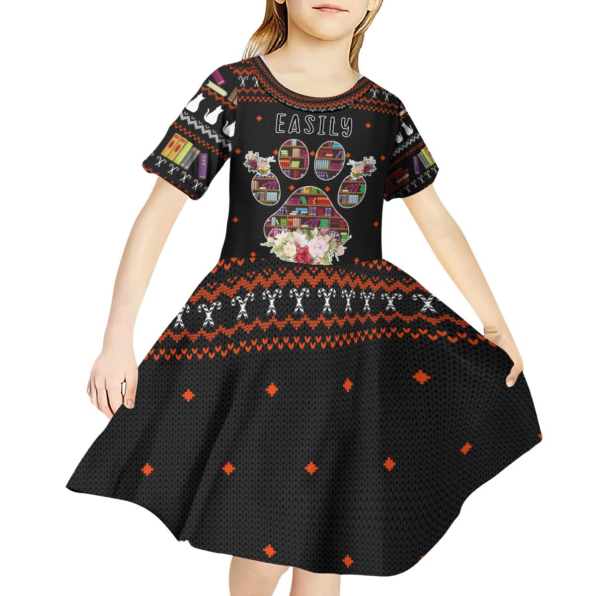 Cat And Books Christmas Kid Short Sleeve Dress Xmas Holiday Patterns - Wonder Print Shop