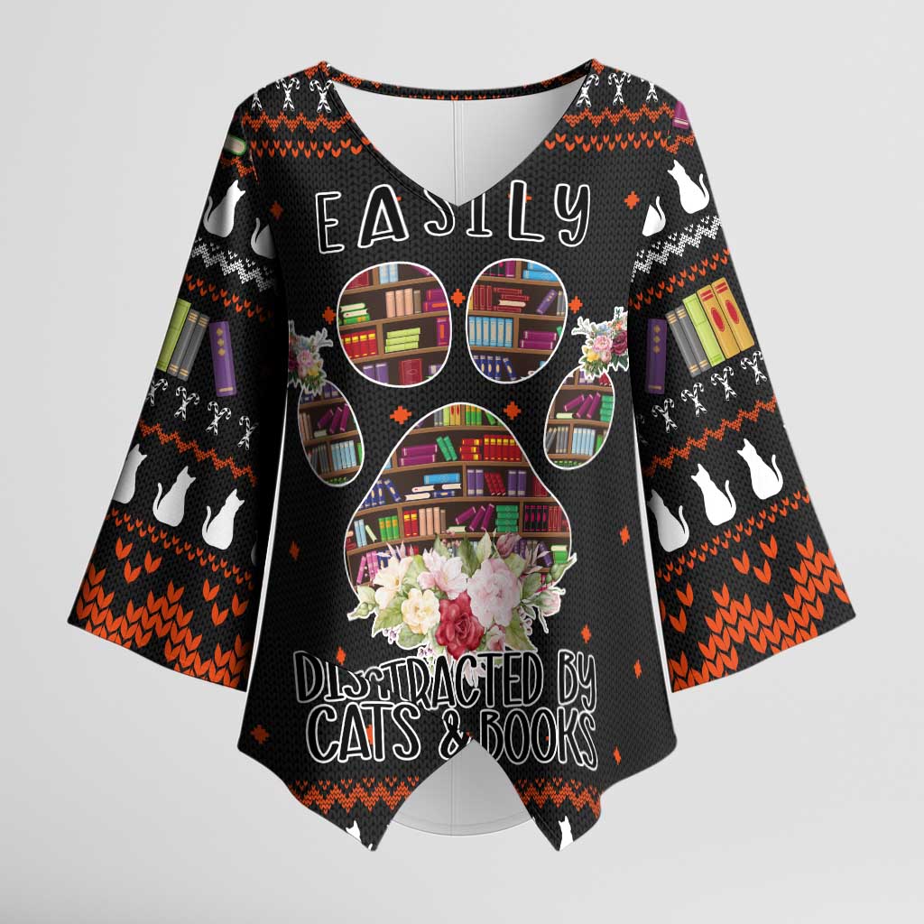 Cat And Books Christmas Kimono Sleeve Blouse Xmas Holiday Patterns - Wonder Print Shop