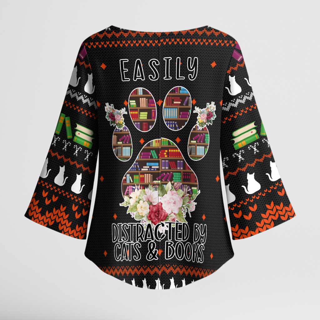 Cat And Books Christmas Kimono Sleeve Blouse Xmas Holiday Patterns - Wonder Print Shop