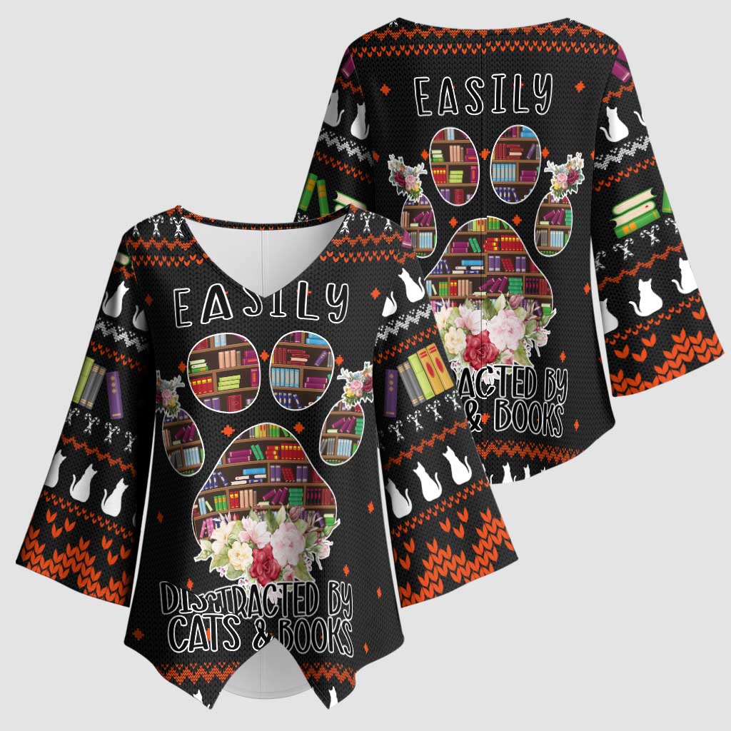 Cat And Books Christmas Kimono Sleeve Blouse Xmas Holiday Patterns - Wonder Print Shop