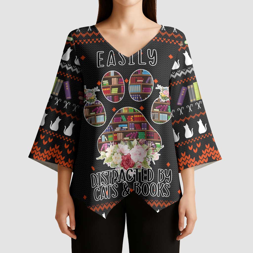Cat And Books Christmas Kimono Sleeve Blouse Xmas Holiday Patterns - Wonder Print Shop