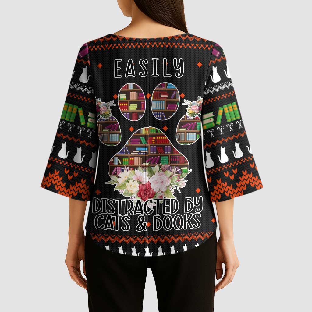 Cat And Books Christmas Kimono Sleeve Blouse Xmas Holiday Patterns - Wonder Print Shop