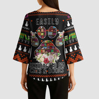 Cat And Books Christmas Kimono Sleeve Blouse Xmas Holiday Patterns - Wonder Print Shop