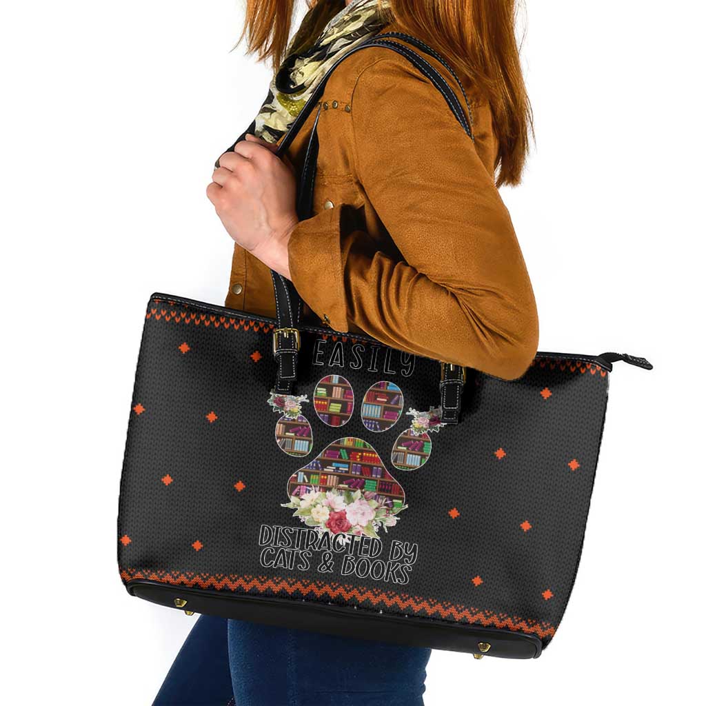 Cat And Books Christmas Leather Tote Bag Xmas Holiday Patterns - Wonder Print Shop