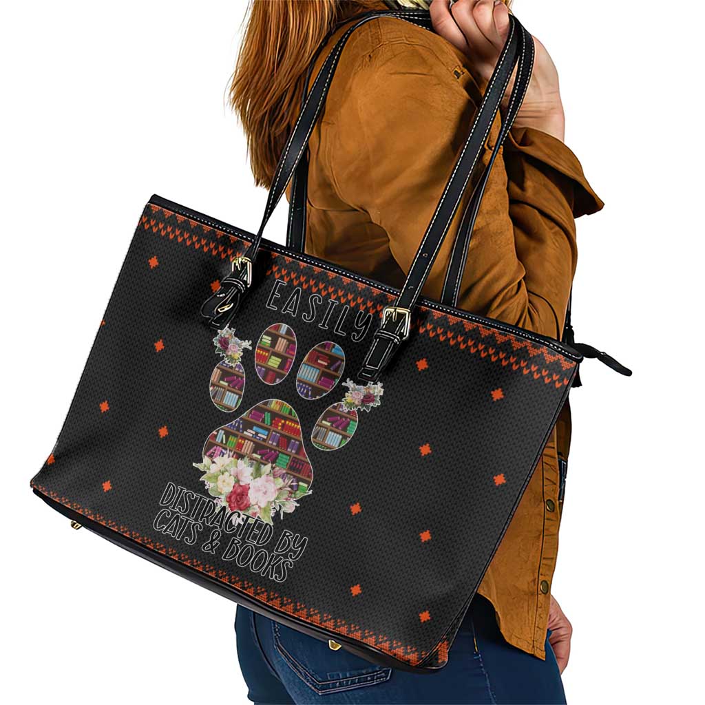 Cat And Books Christmas Leather Tote Bag Xmas Holiday Patterns - Wonder Print Shop