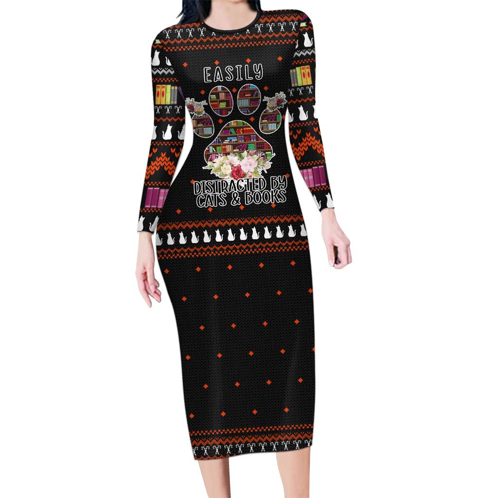 Cat And Books Christmas Long Sleeve Bodycon Dress Xmas Holiday Patterns - Wonder Print Shop