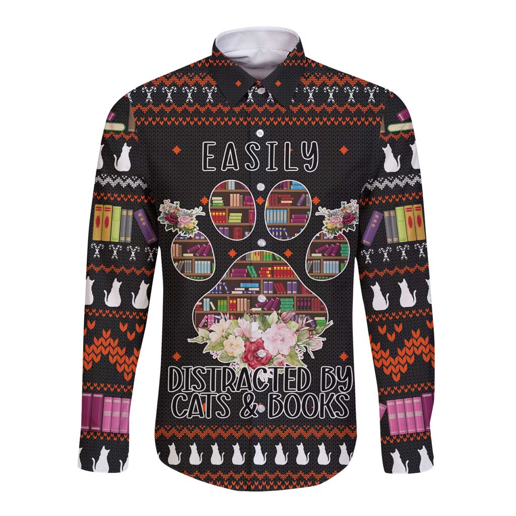 Cat And Books Christmas Long Sleeve Button Shirt Xmas Holiday Patterns - Wonder Print Shop