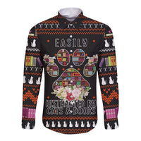 Cat And Books Christmas Long Sleeve Button Shirt Xmas Holiday Patterns - Wonder Print Shop