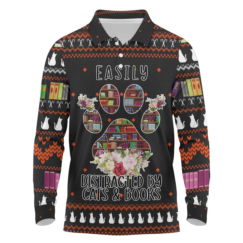 Cat And Books Christmas Long Sleeve Polo Shirt Xmas Holiday Patterns - Wonder Print Shop