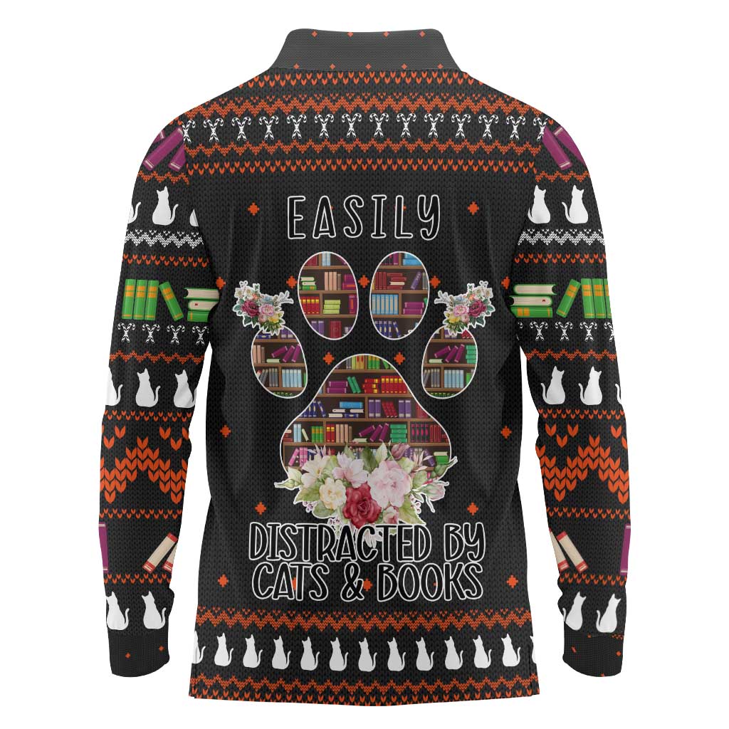Cat And Books Christmas Long Sleeve Polo Shirt Xmas Holiday Patterns - Wonder Print Shop