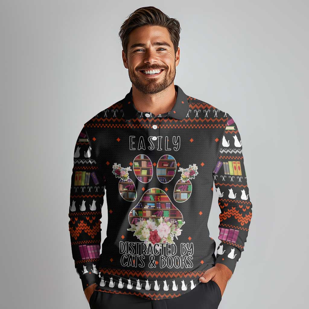 Cat And Books Christmas Long Sleeve Polo Shirt Xmas Holiday Patterns - Wonder Print Shop